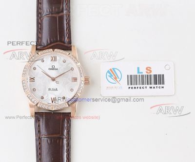 Perfect Replica Top Grade Omega Deville Rose Gold Diamond Bezel Silver Butterfly Dial Women Watches